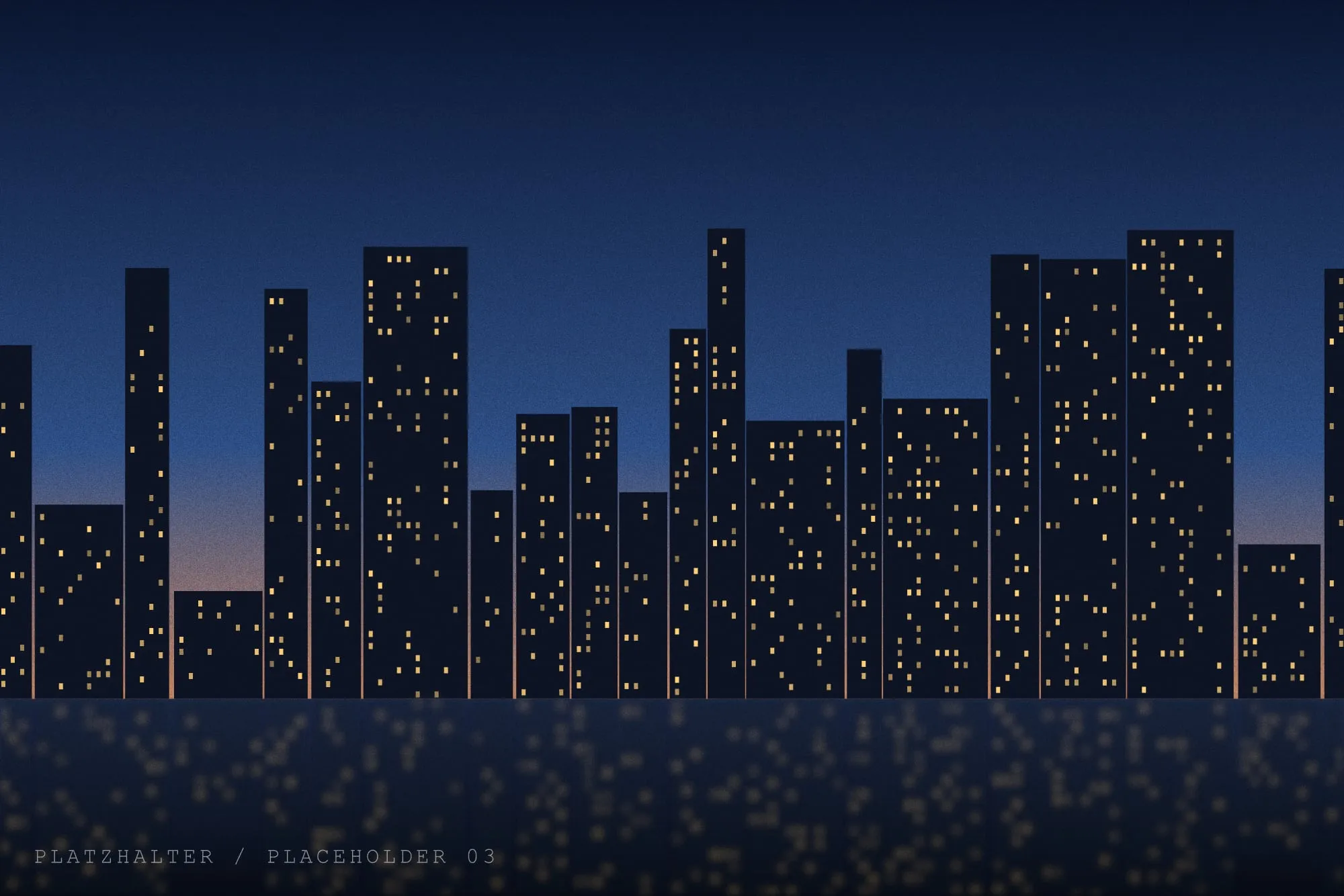 Platzhalter: Skyline mit erleuchteten Fenstern, Spiegelung im Fluss, Himmel von Blau zu Orange